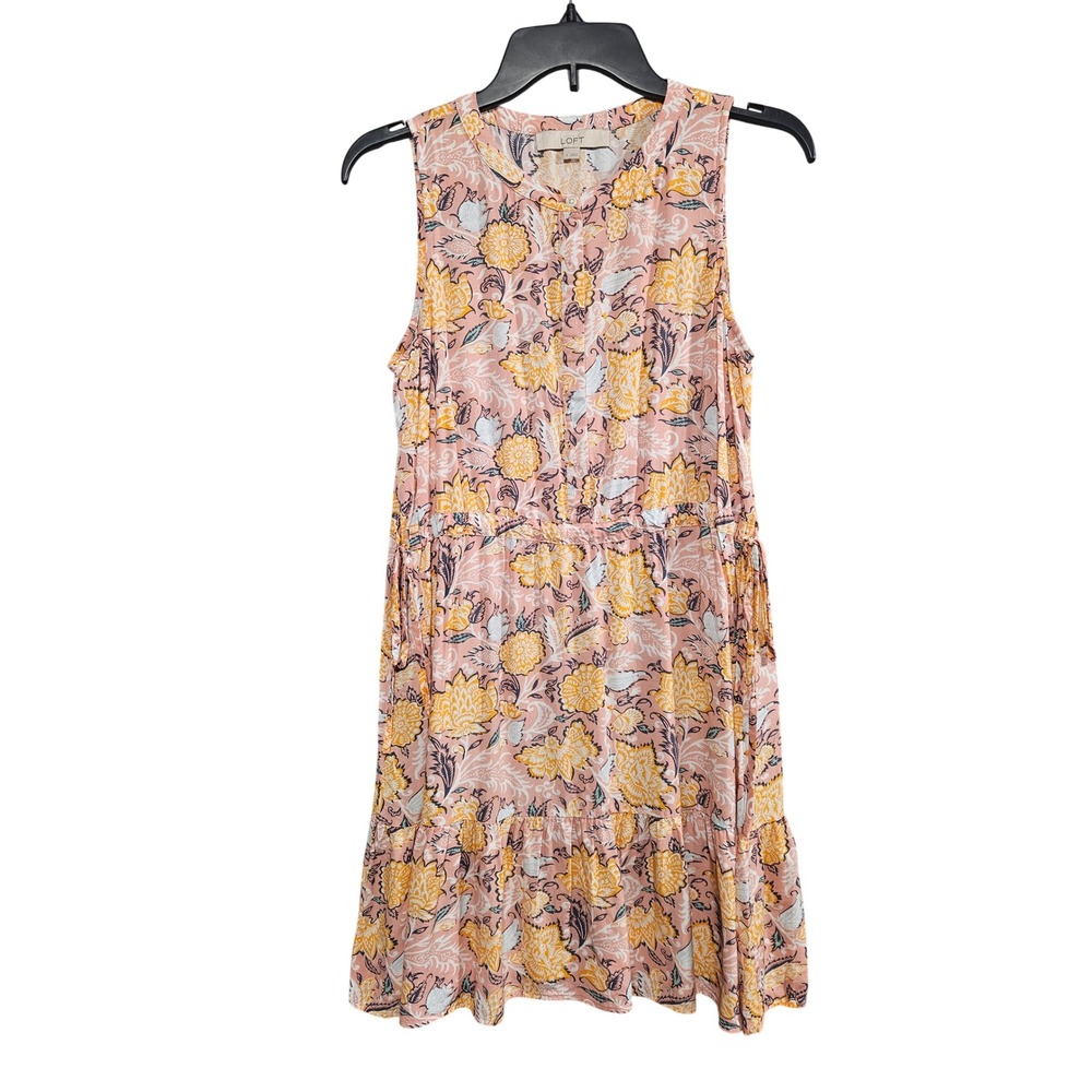 LOFT Pink Yellow Floral Paisley Sleeveless Tiered Ruffle Mini Dress Small Boho